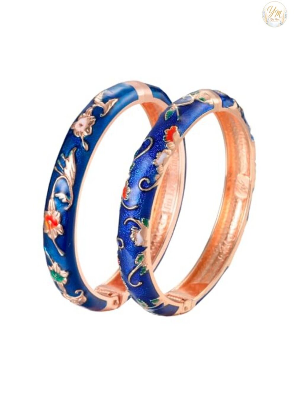 Cloisonne Enamel Butterfly Hinge Cuff Bangle Bracelet Set 2pcs Gold Plated